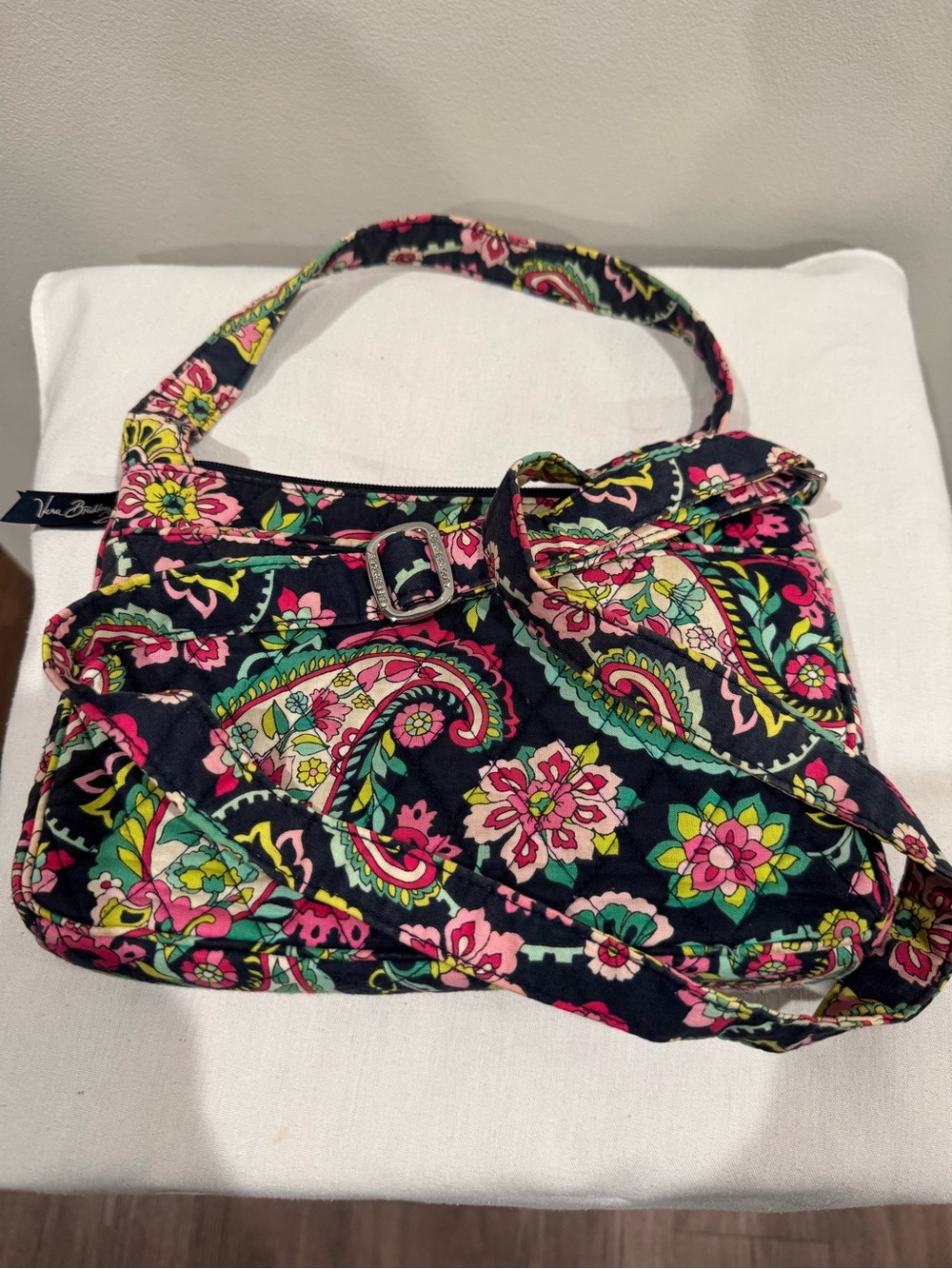 Vera Bradley Navy Floral Paisley Shoulder Bag with Pink & Green Accents 10x6.5